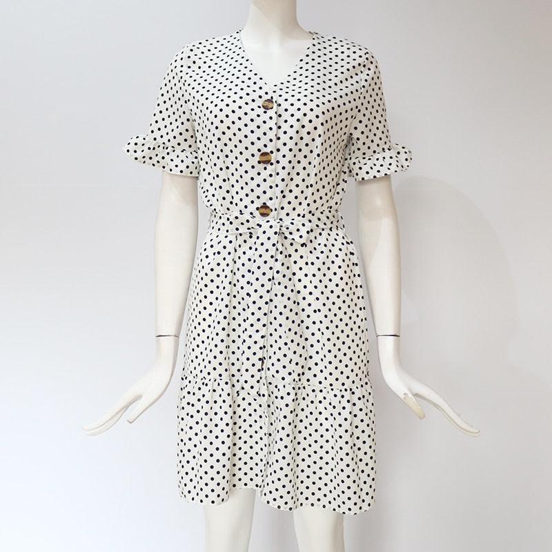 Summer Short Dress Women Short Sleeve Beach Dot Print Dress Sexy V Neck Button Pleated Mini Party Dresses Leisure Ladies Vestido