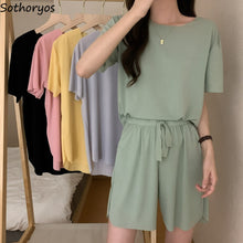 Cargar imagen en el visor de la galería, Summer Solid Pajama Sets Women Cozy Ice Fabric Loose Casual Homewear Ladies Leisure Comfortable Sleepwear Teens Korean Stylish