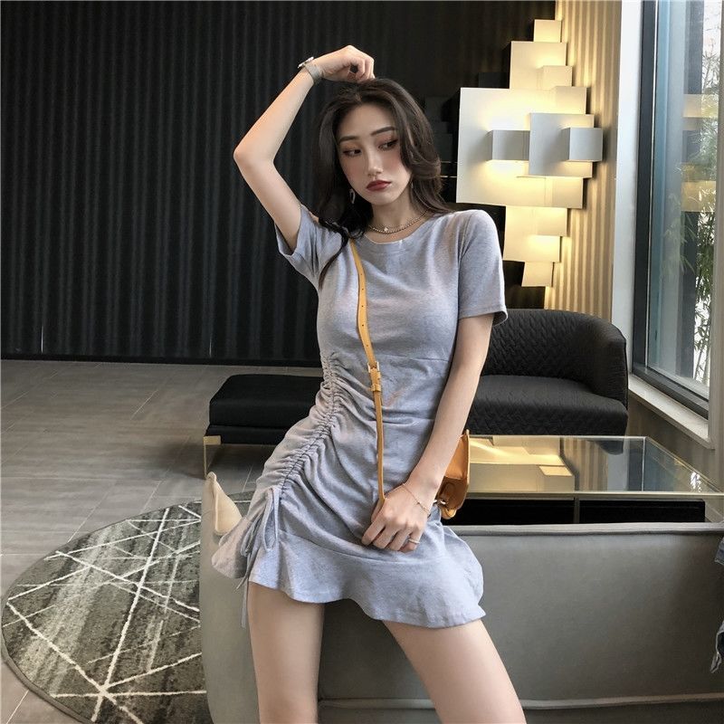 Summer Solid Ruffle Dress O Neck Mini Black Gray Slim Bandage A Line Sundress Dress Casual Vestidos Sexy Short Women Clothing