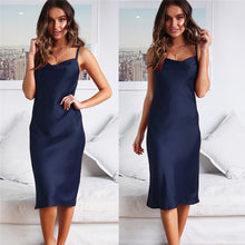 將圖片載入圖庫檢視器 Summer Women Silk Satin Mid-Calf Dresses with Polka Dots Ladies Sleeveless Adjustable Straps Bodycon Dresses Causal Dress