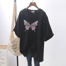 將圖片載入圖庫檢視器 Summer butterfly printed cotton large long short sleeve T-shirt for women's loose and versatile black top