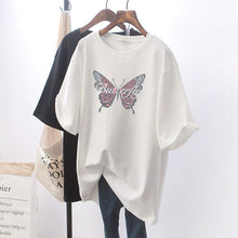 將圖片載入圖庫檢視器 Summer butterfly printed cotton large long short sleeve T-shirt for women's loose and versatile black top