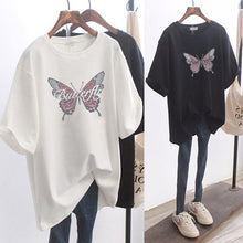 將圖片載入圖庫檢視器 Summer butterfly printed cotton large long short sleeve T-shirt for women's loose and versatile black top