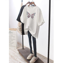 將圖片載入圖庫檢視器 Summer butterfly printed cotton large long short sleeve T-shirt for women's loose and versatile black top