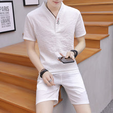 将图片加载到图库查看器,Men's 2 Piece Set Casual Shorts and Short-sleeve T-shirt Breathable Slim Fit V neck linen suits 2020 new