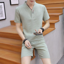 将图片加载到图库查看器,Men's 2 Piece Set Casual Shorts and Short-sleeve T-shirt Breathable Slim Fit V neck linen suits 2020 new