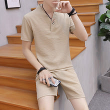 将图片加载到图库查看器,Men's 2 Piece Set Casual Shorts and Short-sleeve T-shirt Breathable Slim Fit V neck linen suits 2020 new