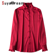 将图片加载到图库查看器,SuyaDream Women 100%Silk Satin Blouse Long Sleeved Stand Collar Button Office Blouses 2020 Spring Shirt