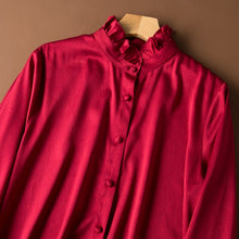 将图片加载到图库查看器,SuyaDream Women 100%Silk Satin Blouse Long Sleeved Stand Collar Button Office Blouses 2020 Spring Shirt