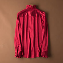将图片加载到图库查看器,SuyaDream Women 100%Silk Satin Blouse Long Sleeved Stand Collar Button Office Blouses 2020 Spring Shirt