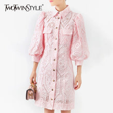 將圖片載入圖庫檢視器 TWOTWINSTYLE Hollow Out Dress For Women Lapel Collar Lantern Sleeve High Waist Mini Dresses Female Summer Fashion OL New 2020