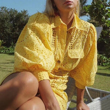 將圖片載入圖庫檢視器 TWOTWINSTYLE Hollow Out Dress For Women Lapel Collar Lantern Sleeve High Waist Mini Dresses Female Summer Fashion OL New 2020