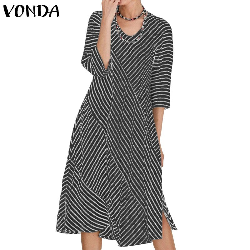 VONDA Women's 2020 Party Dress Cotton Split Hem Knee Length Dress Bohemian Vestidos Plus Size Fashion Autumn Sundress