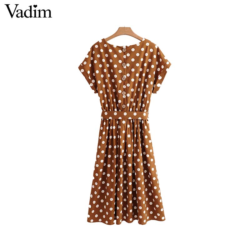 Vadim vintage bow tie sashes dot pattern midi dress elastic waist short sleeve summer ladies casual dresses vestidos QA092