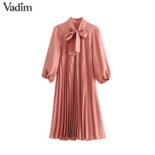 將圖片載入圖庫檢視器 Vadim Women's Pink Pleated Midi Dress Bow Tie Collar Three Quarter Sleeve Straight female knee length sweet dresses QC781