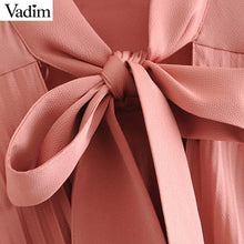 將圖片載入圖庫檢視器 Vadim Women's Pink Pleated Midi Dress Bow Tie Collar Three Quarter Sleeve Straight female knee length sweet dresses QC781