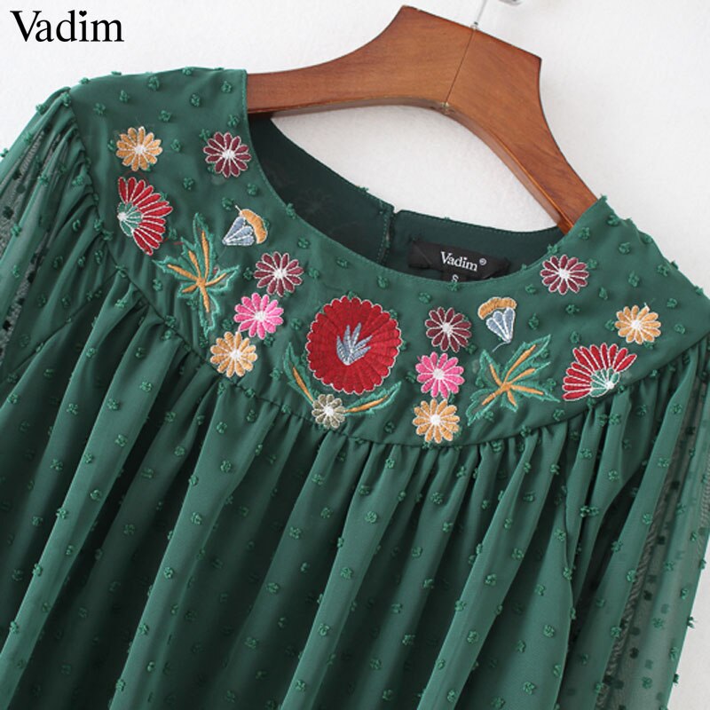Vadim Women's Floral Embroidery Chiffon Shirts Bow Tie Sleeve O Neck Vintage Style Pleated Blouse Ladies Casual/Dress Tops Blusas LT2157