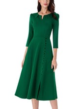 將圖片載入圖庫檢視器 Vfemage Women Pleated Notch V Neck Pockets Buttons Work Office Business Cocktail Party Fit & Flare A Line Skater Midi Dress 2867