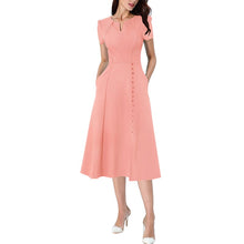將圖片載入圖庫檢視器 Vfemage Women Pleated Notch V Neck Pockets Buttons Work Office Business Cocktail Party Fit & Flare A Line Skater Midi Dress 2867