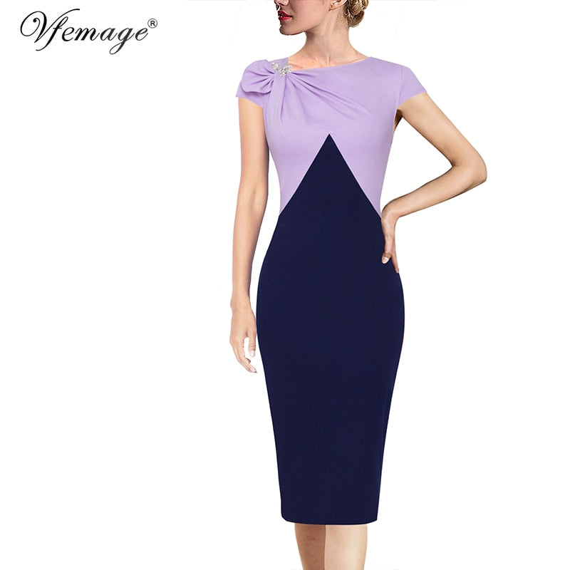 Vfemage Womens Colorblock Floral Solid Pleated Bow Asymmetric Neck Slim Work Office Business Cocktail Party Sheath Dress 18333