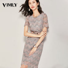 將圖片載入圖庫檢視器 Vimly Women's Striped Elegant Office Lace Women Dress Summer A Line Mesh Dresses Hollow Out High Quality Party Dress With Belt Vestidos