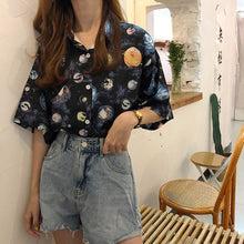 将图片加载到图库查看器,Women's Retro Cartoon Planet Print Blouse Shirt Summer Short Sleeve Lapel Shirt Women Tops Loose Casual Blouses