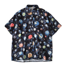 将图片加载到图库查看器,Women's Retro Cartoon Planet Print Blouse Shirt Summer Short Sleeve Lapel Shirt Women Tops Loose Casual Blouses
