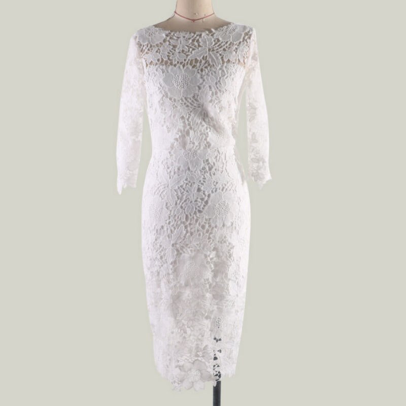 White Lace Bodycon Pencil Dress Summer 2020 Women Long Sleeve Midi Pencil Dresses