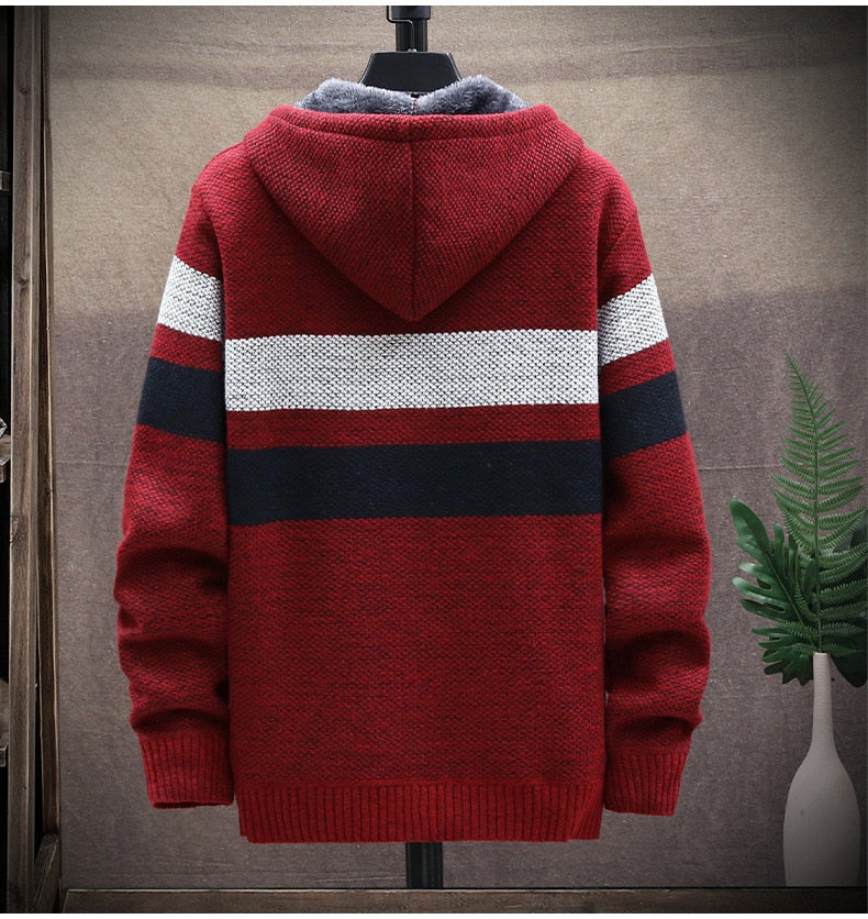 Winter Fleece Warm Sweater Men Hooded Cardigan Mens Striped Patchwork Slim Sweaters Coat Knitted Men's Christmas Jumper Clothing