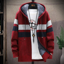 將圖片載入圖庫檢視器 Winter Fleece Warm Sweater Men Hooded Cardigan Mens Striped Patchwork Slim Sweaters Coat Knitted Men's Christmas Jumper Clothing
