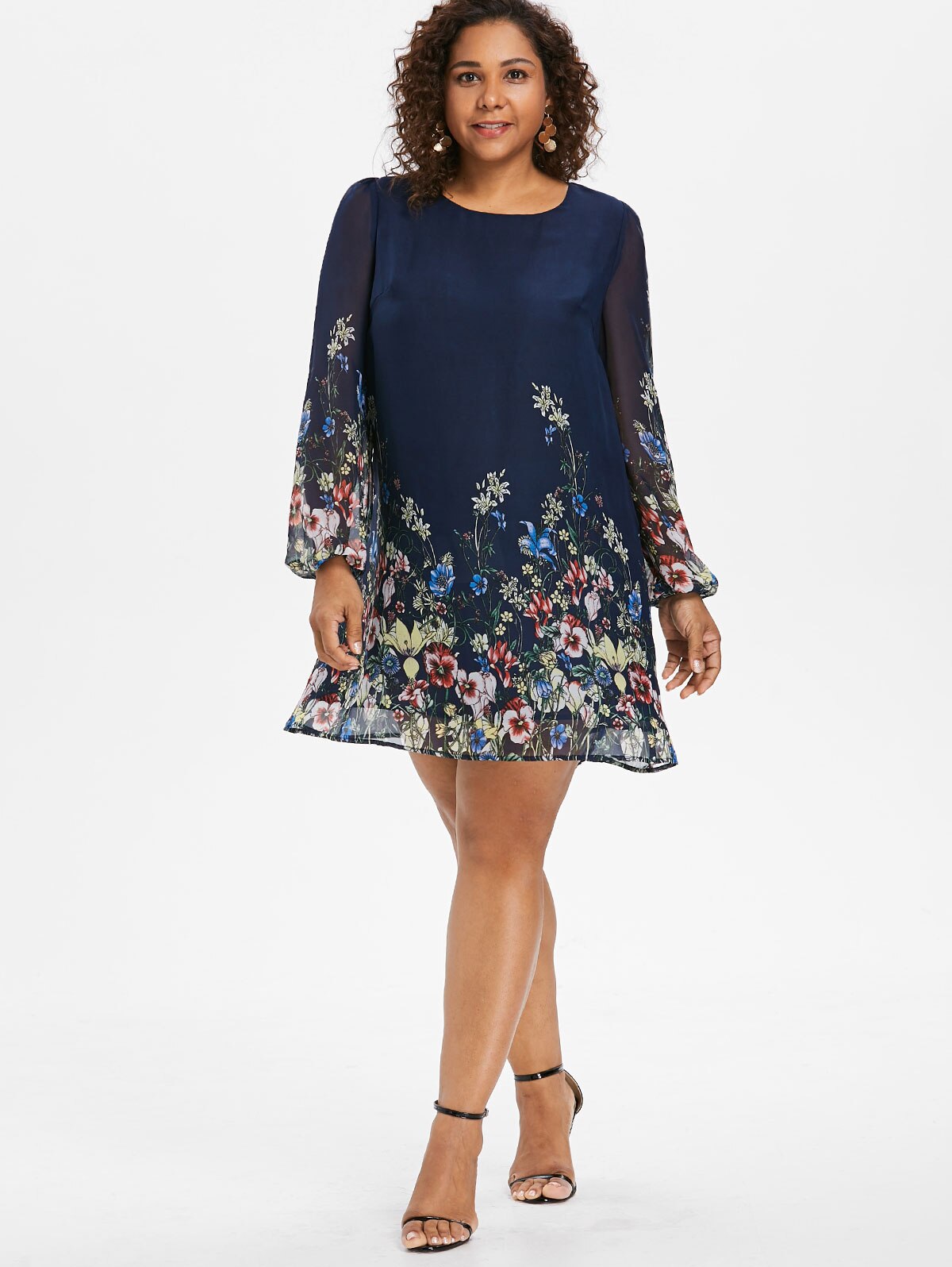 Wipalo Navy Blue Plus Size Floral Embroidery Tunic Dress Spring Summer Elegant Large Sizes Tribal Flower Print Vocation Dress