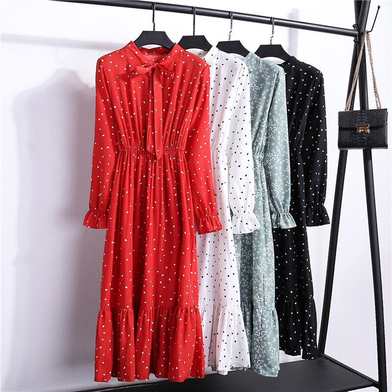 Wixra Chiffon Dress Stand Neck Floral Print Dress Ruffles Long Sleeve Elegant Dresses S XL For Women Spring Summer