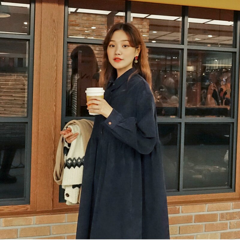 Women Autumn Corduroy Long Shirt Dress ladies Long Sleeve Loose high waist dresses with buttons solid color turn down collar
