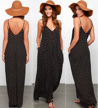 Charger l'image dans la galerie, Women's Black Polka Dot Boho Dress Beach Wear Sleeveless Chiffon Strap Polka Dot Fashion Dress Ladies Long Maxi V-neck Beach Dress