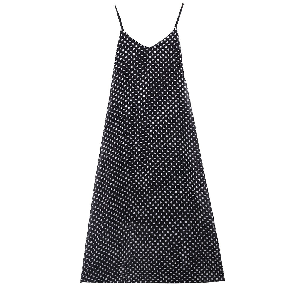 Women's Black Polka Dot Boho Dress Beach Wear Sleeveless Chiffon Strap Polka Dot Fashion Dress Ladies Long Maxi V-neck Beach Dress