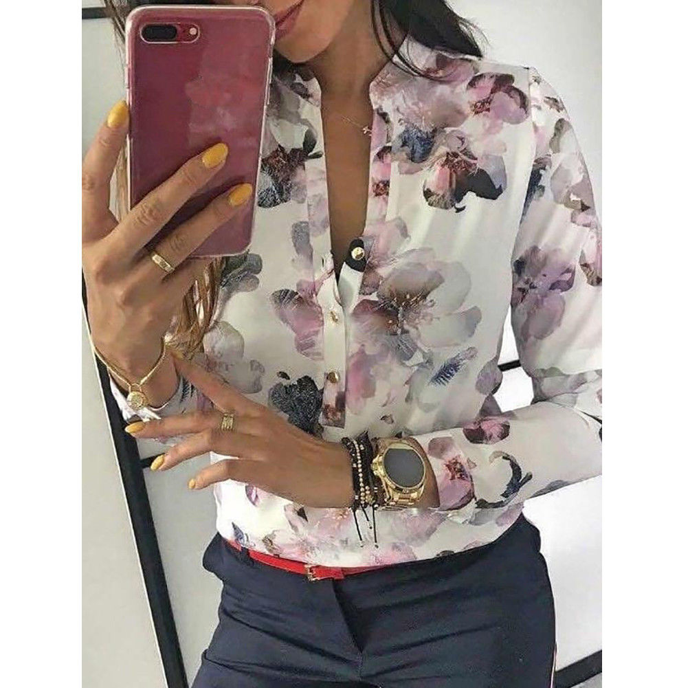 Women Blouses 2019 Fashion Long Sleeve Round Collar Office Shirt Floral Printed Shirt Casual Tops Plus Size XL Blusas Femininas