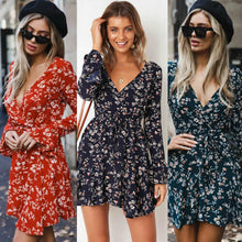 將圖片載入圖庫檢視器 Women Boho Short Mini Dress Summer Floral Print Cocktail Deep V Neck Beach Sundress Long Sleeve Elegant Summer Dress