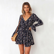 將圖片載入圖庫檢視器 Women Boho Short Mini Dress Summer Floral Print Cocktail Deep V Neck Beach Sundress Long Sleeve Elegant Summer Dress