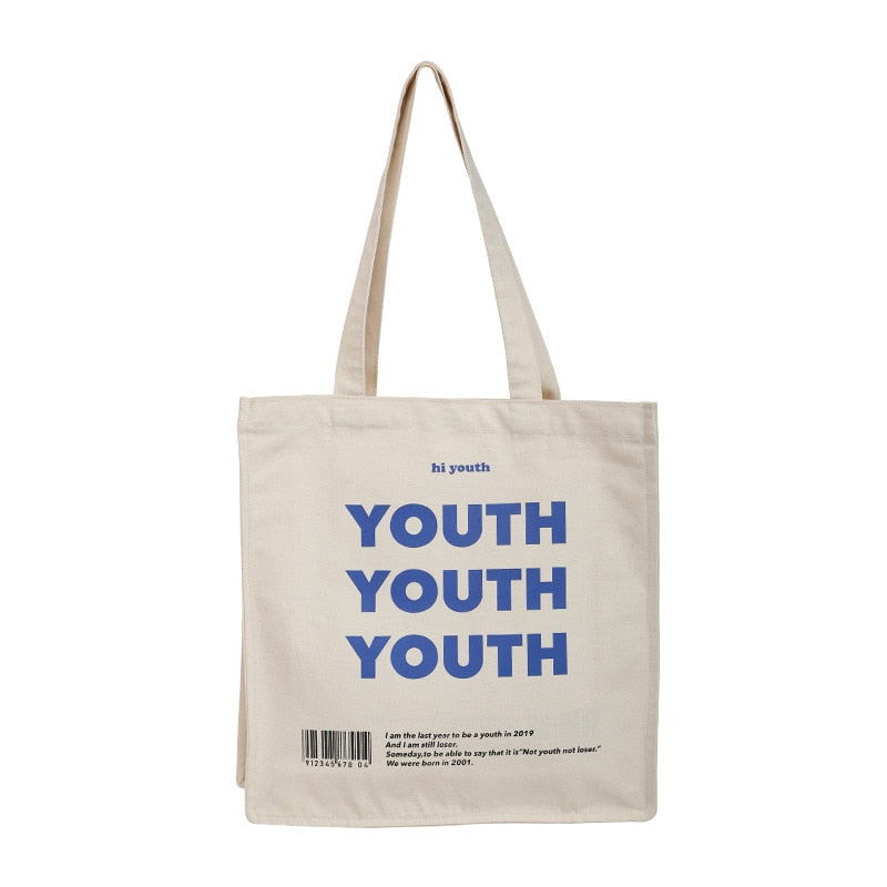 Women Canvas Shopping Bag YOUTH Letters Print Female Cotton Cloth Shoulder Bag Eco Handbag Tote Reusable Grocery Shopper Bags
