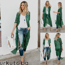 Load image into Gallery viewer, Women's Chiffon Kimono Long Sleeves Beach Cardigan Dress Ladies Loose Leaf Pattern Tie Wrap Beachwear Long Dress