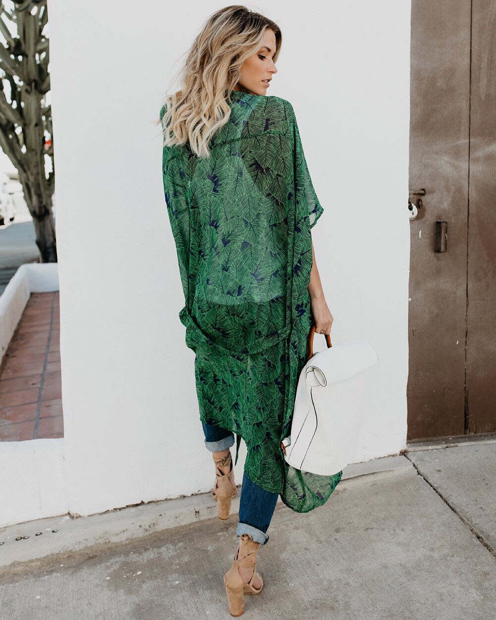 Women's Chiffon Kimono Long Sleeves Beach Cardigan Dress Ladies Loose Leaf Pattern Tie Wrap Beachwear Long Dress