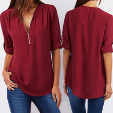 Cargar imagen en el visor de la galería, Women Chiffon V-Neck Blouse Summer Autumn Casual Half Sleeve Solid Tops Loose Zipper Bluses Shirts Plus Size