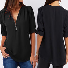 Cargar imagen en el visor de la galería, Women Chiffon V-Neck Blouse Summer Autumn Casual Half Sleeve Solid Tops Loose Zipper Bluses Shirts Plus Size