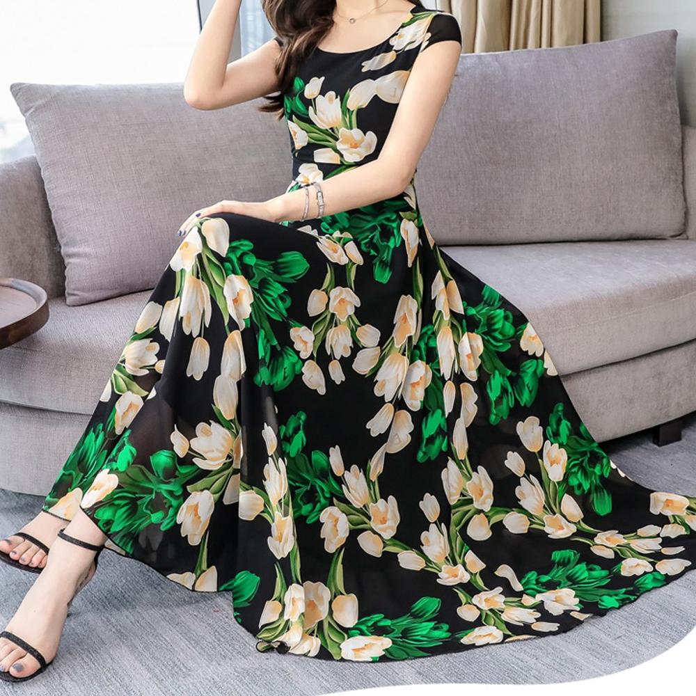 Women's Bohemian Style Summer Floral Dress Elegant Collect Waist Short Sleeve Flower Printed Chiffon Loose Dress#D