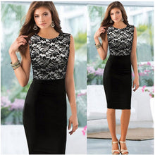 將圖片載入圖庫檢視器 Women Fashion Lace Patchwork Formal Business Slim Pencil Dress O-Neck Sleeveless Ladies Work Office OL Party Knee-Length Dress