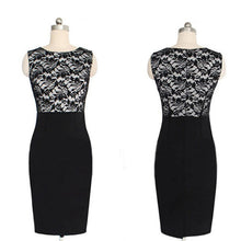 將圖片載入圖庫檢視器 Women Fashion Lace Patchwork Formal Business Slim Pencil Dress O-Neck Sleeveless Ladies Work Office OL Party Knee-Length Dress