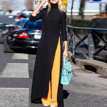 將圖片載入圖庫檢視器 Women's Plus Size Maxi Dress Asymmetrical Western Style Turtleneck Pullover Stretchy Black Knitting Oversize Long Dress Split