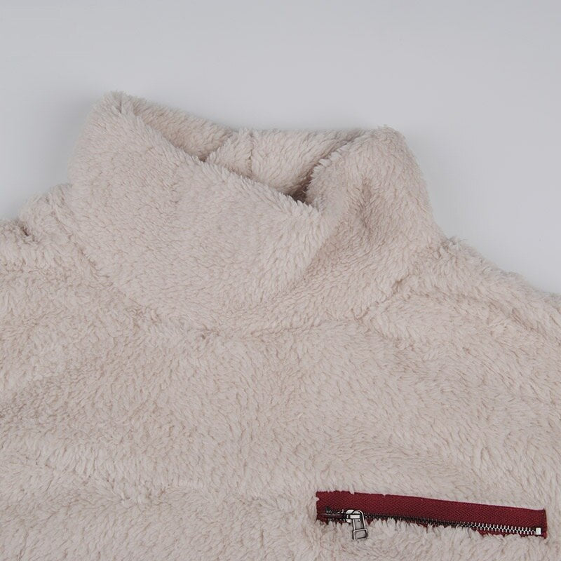 Women's Fluffy Fleece Sweatshirt Pullover Winter Casual Turtleneck Zipper Female Hoodies Loose Warm Soft Solid Women Tops Jumper