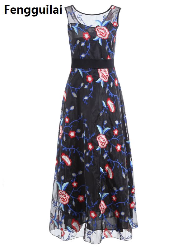 Women Long Prom Floral Formal Evening Party Dress Ladies Flower Embroidery Gown Tulle Full Dress