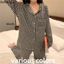 Cargar imagen en el visor de la galería, Women Pajama Sets Plaid Button-up Turn-down Collar Long Sleeve Sleep Wear Pockets Simple Japanese Style Students Pajamas Spring